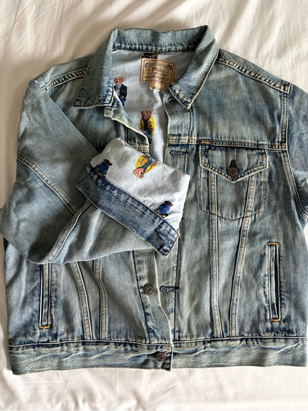 Polo by Ralph Lauren Light Blue Denim Jacket with Printed Bear Lining - Picture 2 of 4